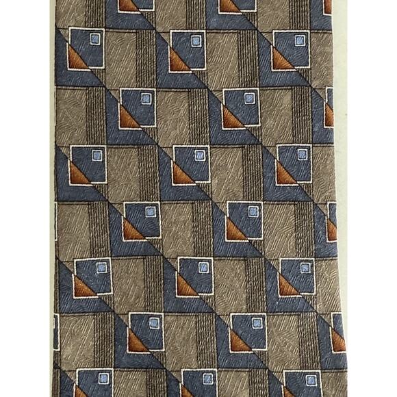 Zanzara Men's Necktie 100% Silk Allover Square Geometric Print Brown Blue Retro - Picture 3 of 6
